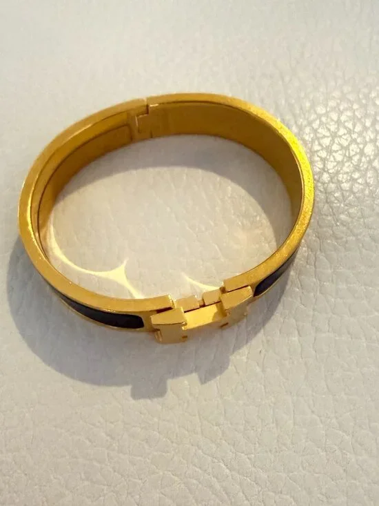 AUTHENTIC HERMES CLIC H BRACELET GOLD PLATED BLACK ENAMEL NARROW BANGLE PM - Picture 3 of 9